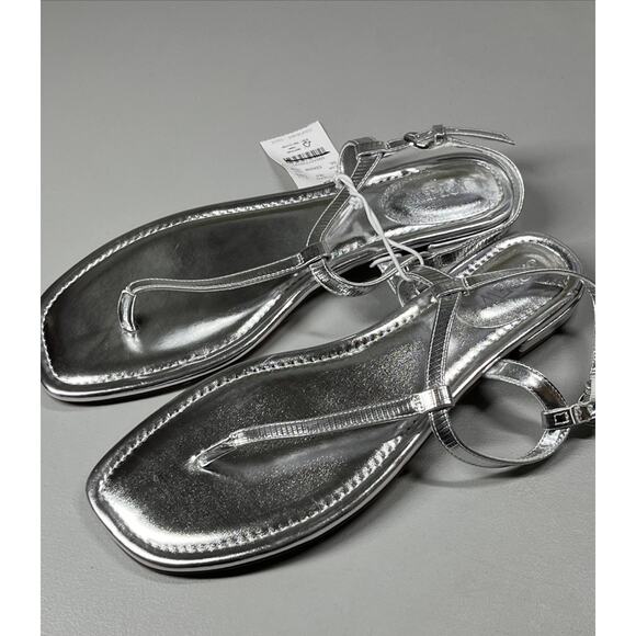 J Crew Factory Ankle Strap Thong Sandals Womens 10 M Silver Flat - Picture 1 of 8